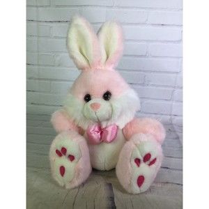 VTG Angel Toy Bunny Rabbit Pink White Satin Bow Plush Stuffed Animal